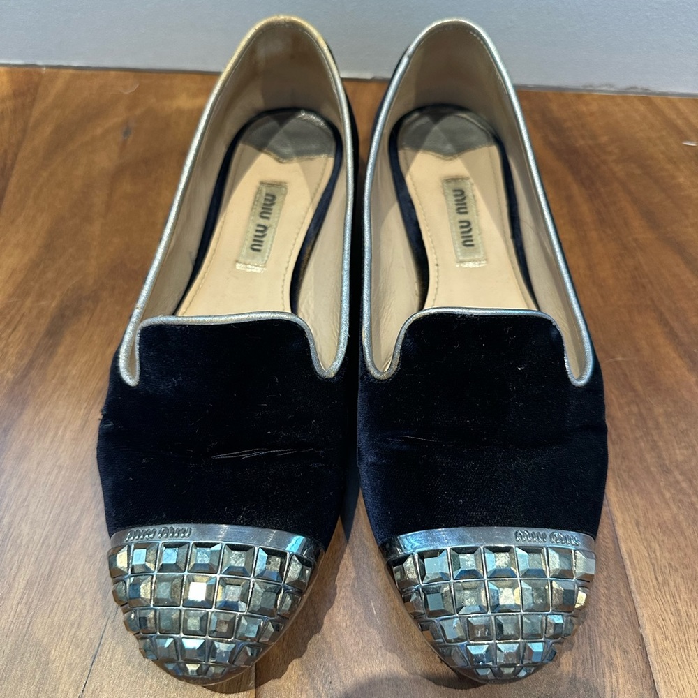 Miu Miu - suede loafer flats - navy with silver - size 35.5